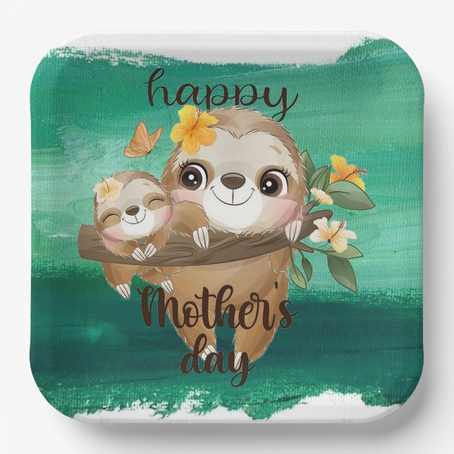 Cute Sloths Baby Mummy Paper Plate (Front)