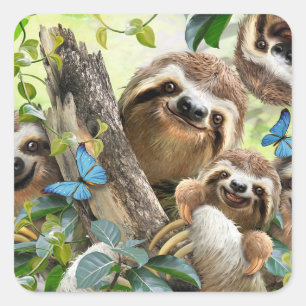 Cute Sloths Background Square Sticker