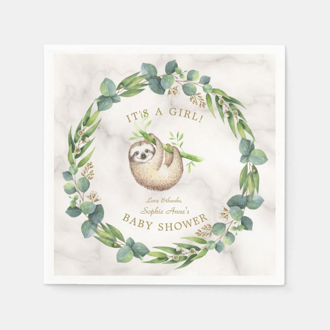 Cute Sloths Eucalyptus Wreath Baby Shower Napkin (Front)