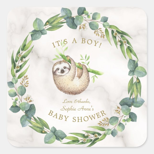 Cute Sloths Eucalyptus Wreath Baby Shower Square Sticker (Front)