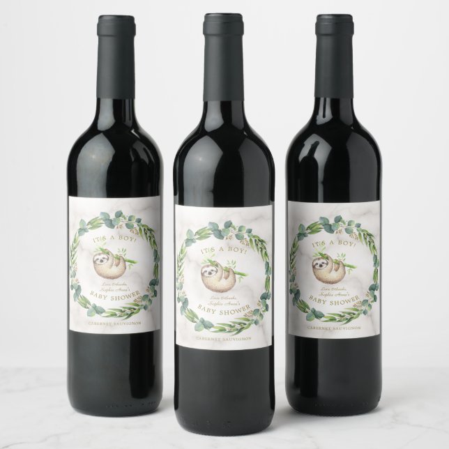 Cute Sloths Eucalyptus Wreath Baby Shower Wine Label (Bottles)