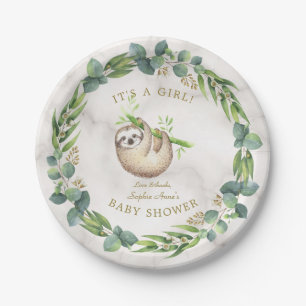 Cute Sloths Eucalyptus Wreath Girl Baby Shower Paper Plate