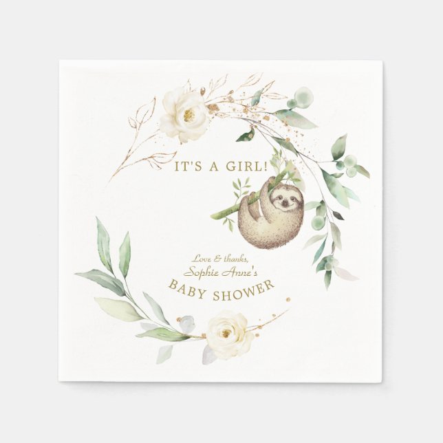 Cute Sloths Floral Greenery Girl Baby Shower  Pape Napkin (Front)