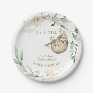 Cute Sloths Floral Greenery Girl Baby Shower  Paper Plate