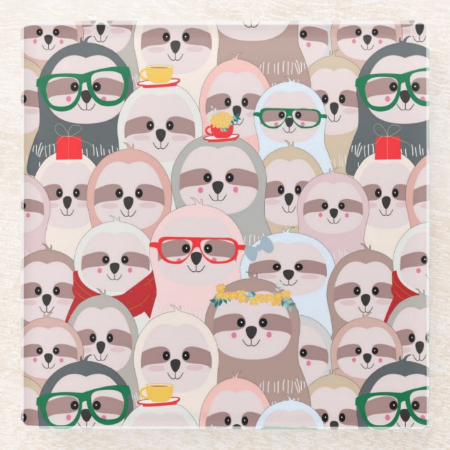 Cute Sloths Glass Coaster (Front)