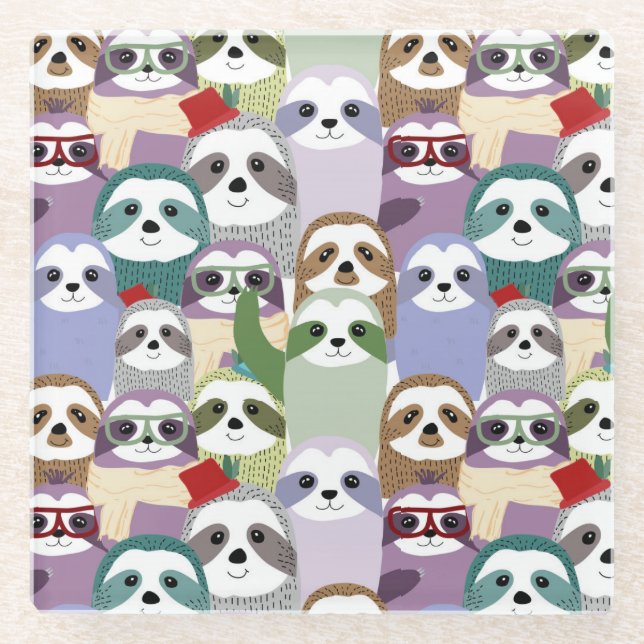 Cute Sloths Glass Coaster (Front)