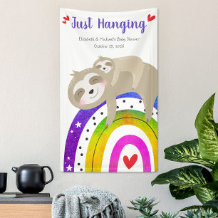 Cute Sloths Rainbow Baby Shower Fun Modern Boho Banner