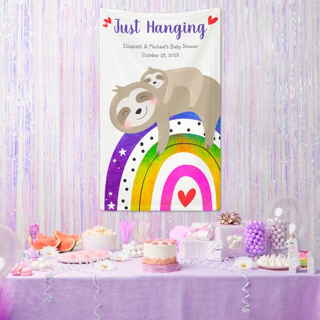 Cute Sloths Rainbow Baby Shower Fun Modern Boho Banner (Creator Uploaded)