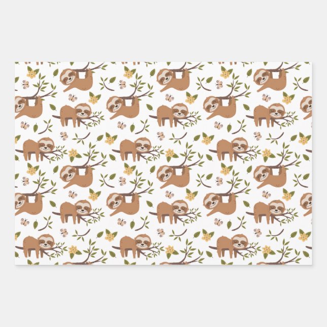 Cute Sloths Sleeping on Tree Branches Kid Pattern Wrapping Paper Sheet (Front)