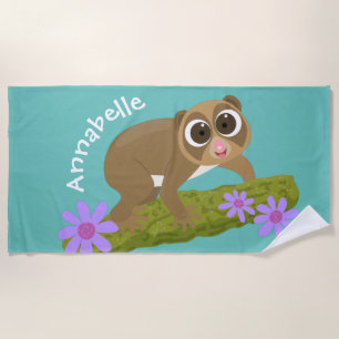 Cute slow loris flowers cartoon illustration beach towel