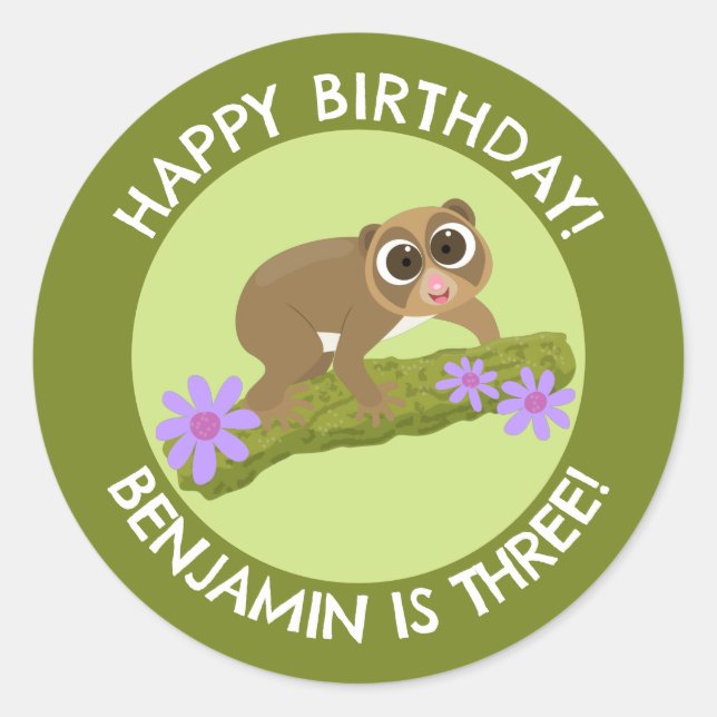 Cute slow loris personalised cartoon birthday classic round sticker (Front)