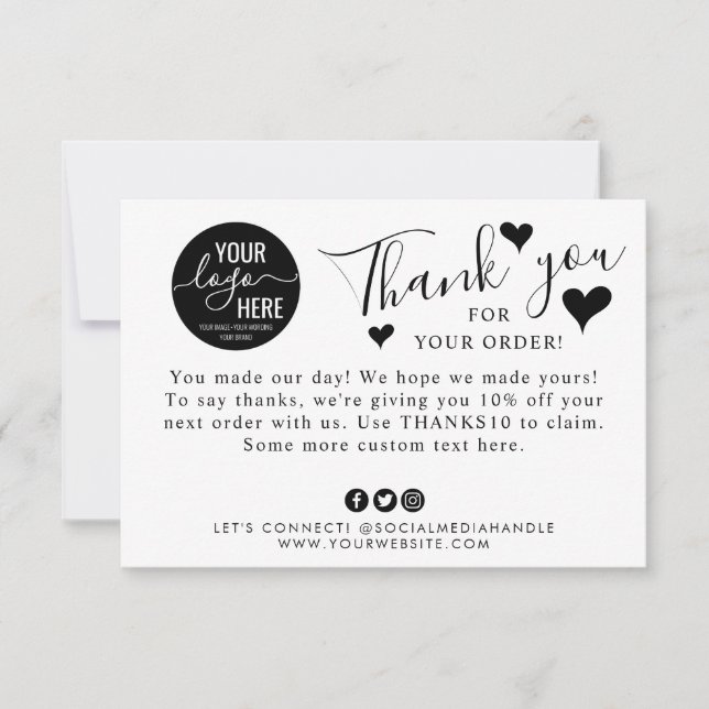 Cute Small Business Custom Logo Social Media Heart Thank You Card (Front)