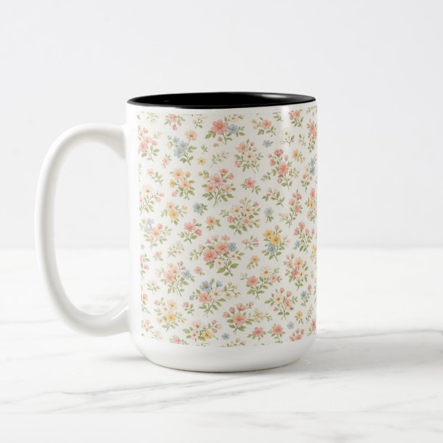 Cute Small Ditsy Floral Seamless Pattern Two-Tone Coffee Mug (Left)