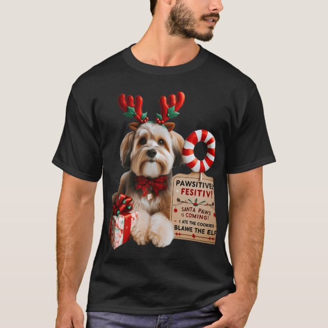 ​Cute Small Dog in Reindeer Antlers & Bow Tie  T-Shirt (Front)