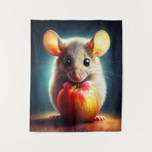 Cute small mouse with shiny apple kitchen art tapestry