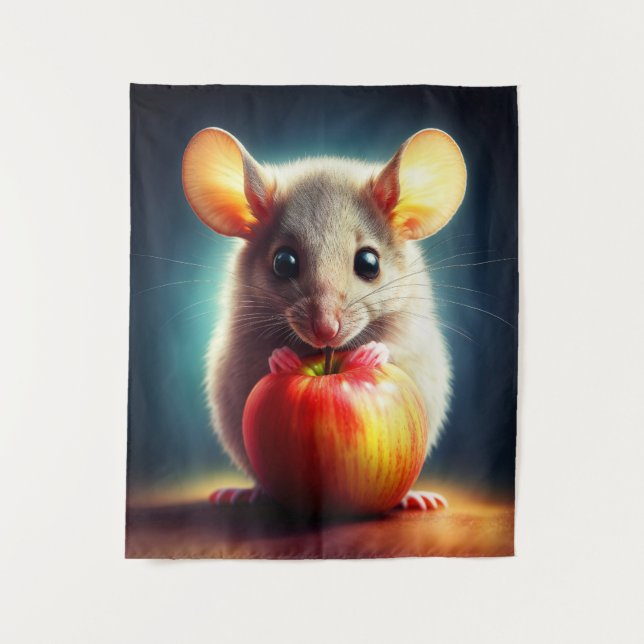 Cute small mouse with shiny apple kitchen art tapestry (Front)