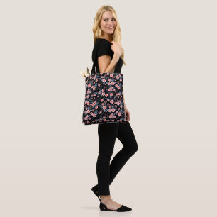 Cute small pink floral with black background tote bag