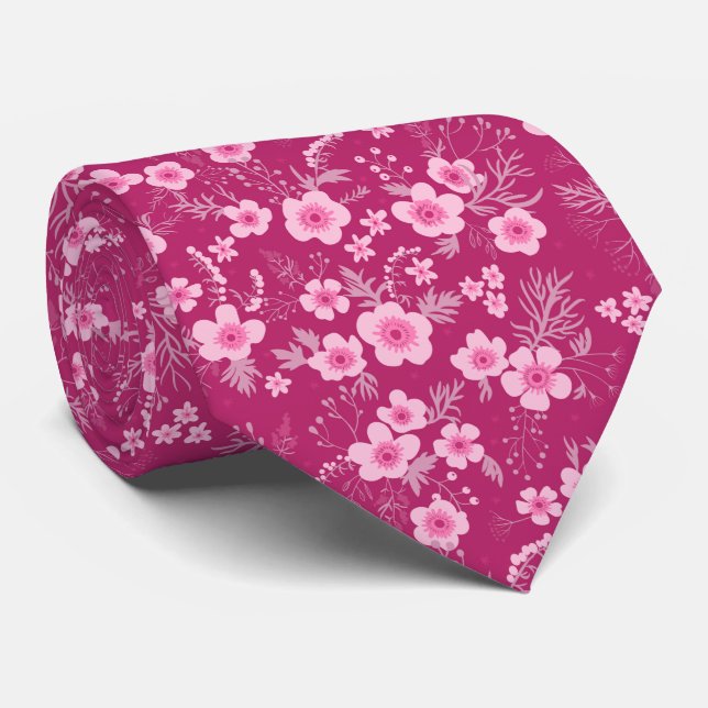 Cute small pink floral with Magenta background Tie (Rolled)