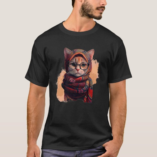 Cute Smart Cat in Glasses Wearing Hijab Muslim Wom T-Shirt (Front)