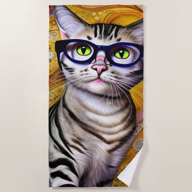 Cute Smart Cat Wearing Glasses Beach Towel (Front)