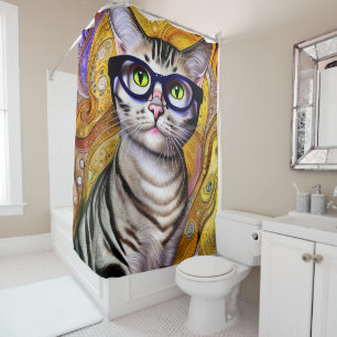Cute Smart Cat Wearing Glasses Shower Curtain