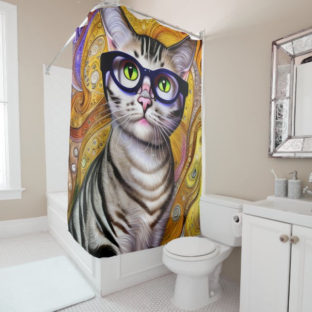 Cute Smart Cat Wearing Glasses Shower Curtain (In Situ)