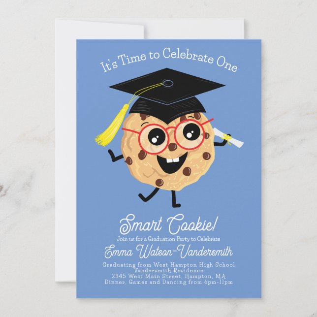 Cute Smart Cookie Graduation Party Cartoon Blue Invitation (Front)