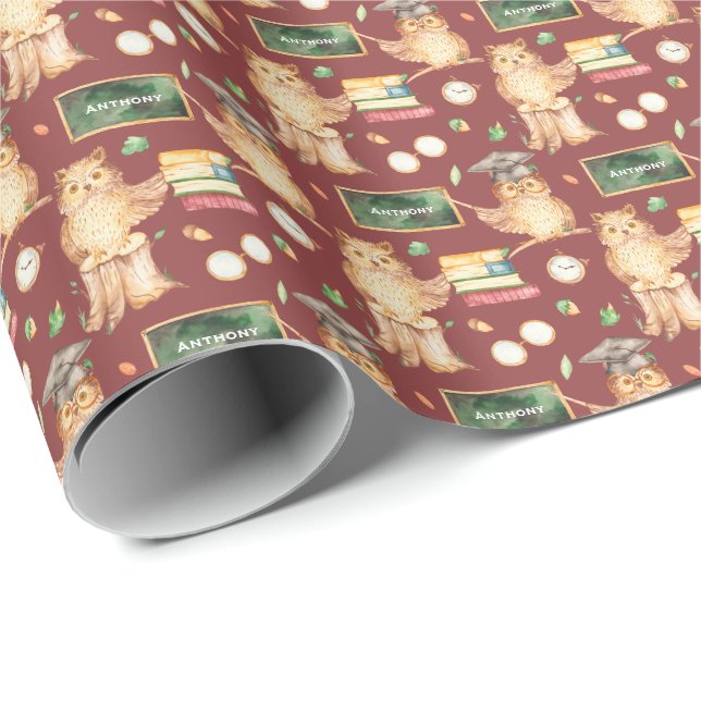 Cute Smart Owl with Chalkboard Kids Name Wrapping Paper (Roll Corner)
