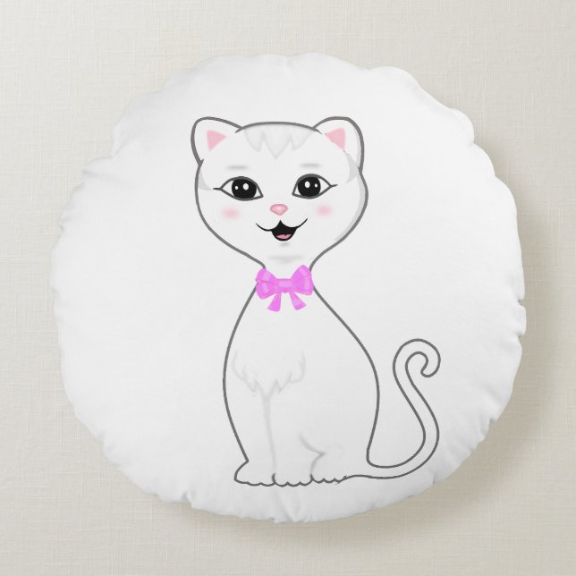 Cute Smart White Cat Cartoon Round Cushion (Front)