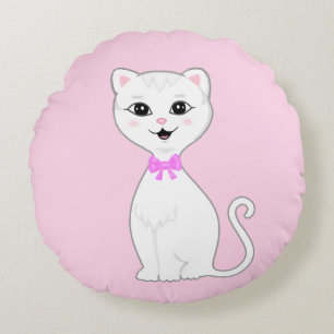Cute Smart White Cat Cartoon Round Cushion