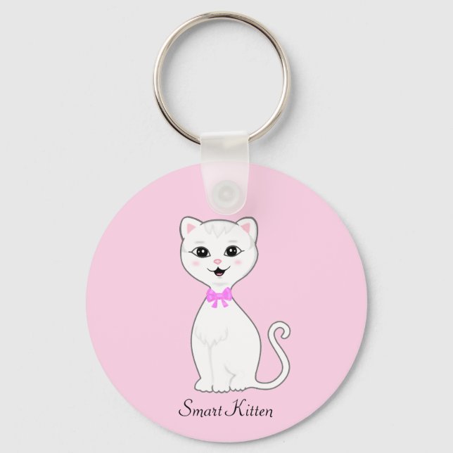 Cute Smart White Kitten Cartoon on Light Pink Key Ring (Front)