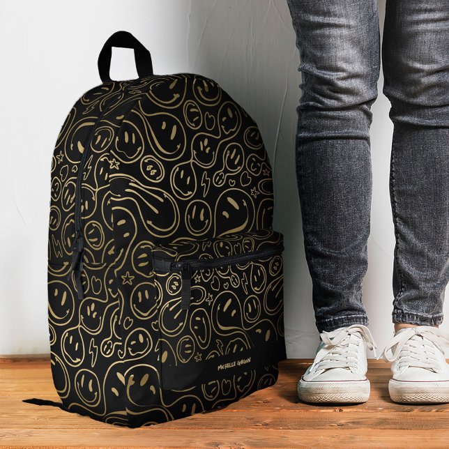 Cute Smile Face Funny Kids Teen Black Gold Printed Backpack (Trendy Stylish Purple Pink Back To School Printed Backpack
)