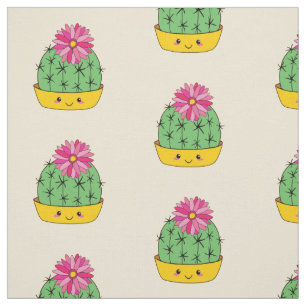 Cute Smiley Face Cactus Flower Cartoon Fabric