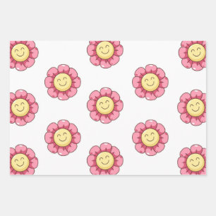 Cute Smiley Flower Wrapping Paper – Pink 