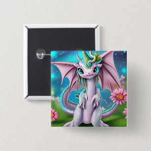 Cute Smiling Baby Dragon with Flowers 15 Cm Square Badge