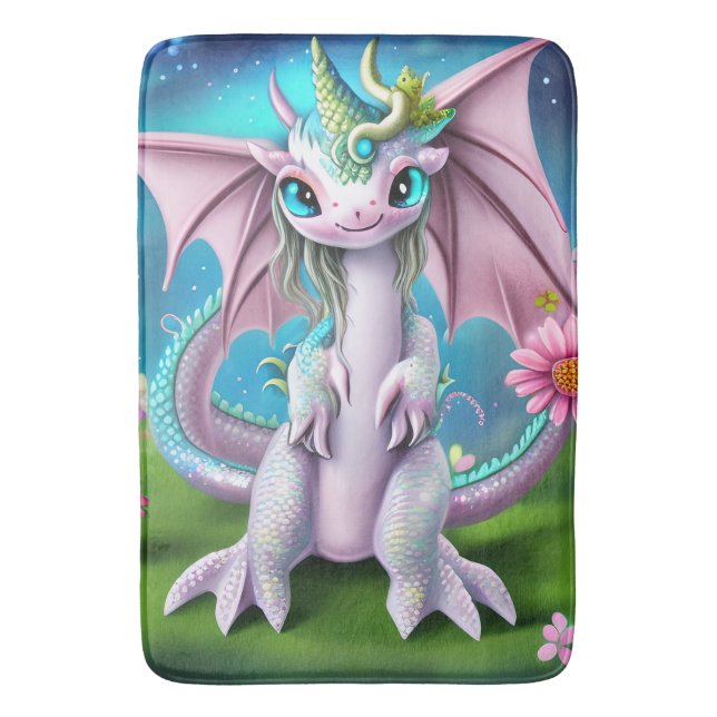 Cute Smiling Baby Dragon with Flowers  Bath Mat (Front Vertical)