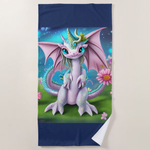 Cute Smiling Baby Dragon with Flowers  Beach Towel