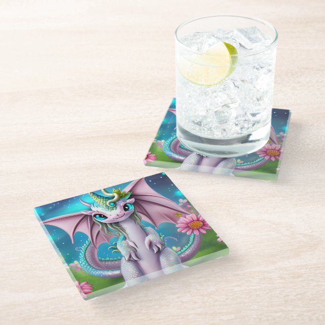 Cute Smiling Baby Dragon with Flowers  Glass Coaster (Angled)