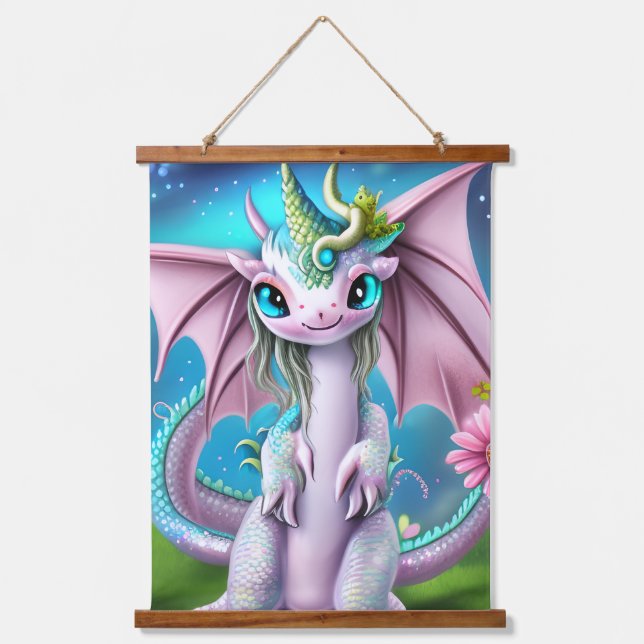 Cute Smiling Baby Dragon with Flowers  Hanging Tapestry (Front)
