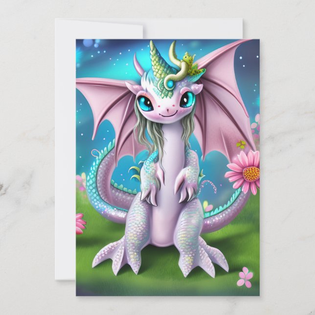 Cute Smiling Baby Dragon with Flowers Holiday Card (Front)