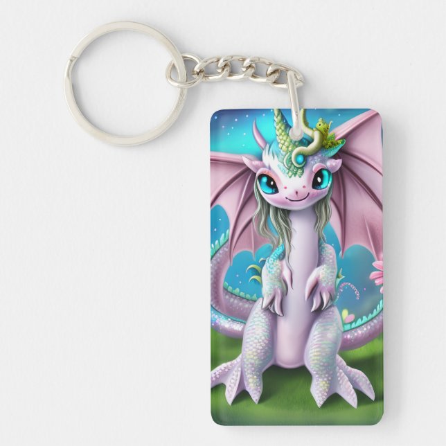 Cute Smiling Baby Dragon with Flowers Key Ring (Front)