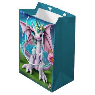 Cute Smiling Baby Dragon with Flowers  Medium Gift Bag