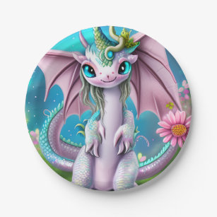Cute Smiling Baby Dragon with Flowers  Paper Plate