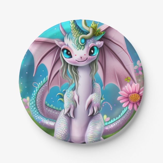 Cute Smiling Baby Dragon with Flowers  Paper Plate (Front)