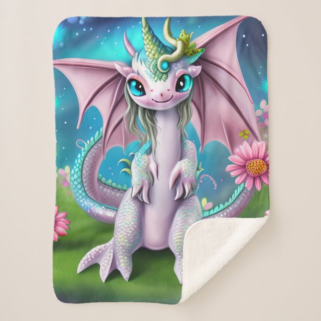 Cute Smiling Baby Dragon with Flowers  Sherpa Blanket (Front)