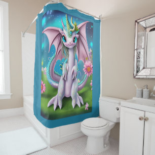 Cute Smiling Baby Dragon with Flowers  Shower Curtain