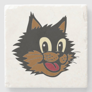CUTE SMILING BLACK AND BROWN NAUGHTY CAT STONE COASTER