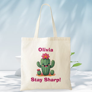 Cute Smiling Cactus "Stay Sharp!" Tote Bag