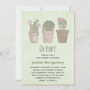 Cute Smiling Cactus Trio Watercolor Baby Shower Invitation