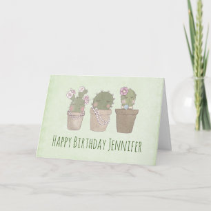 Cute Smiling Cactus Trio Watercolor Birthday Card